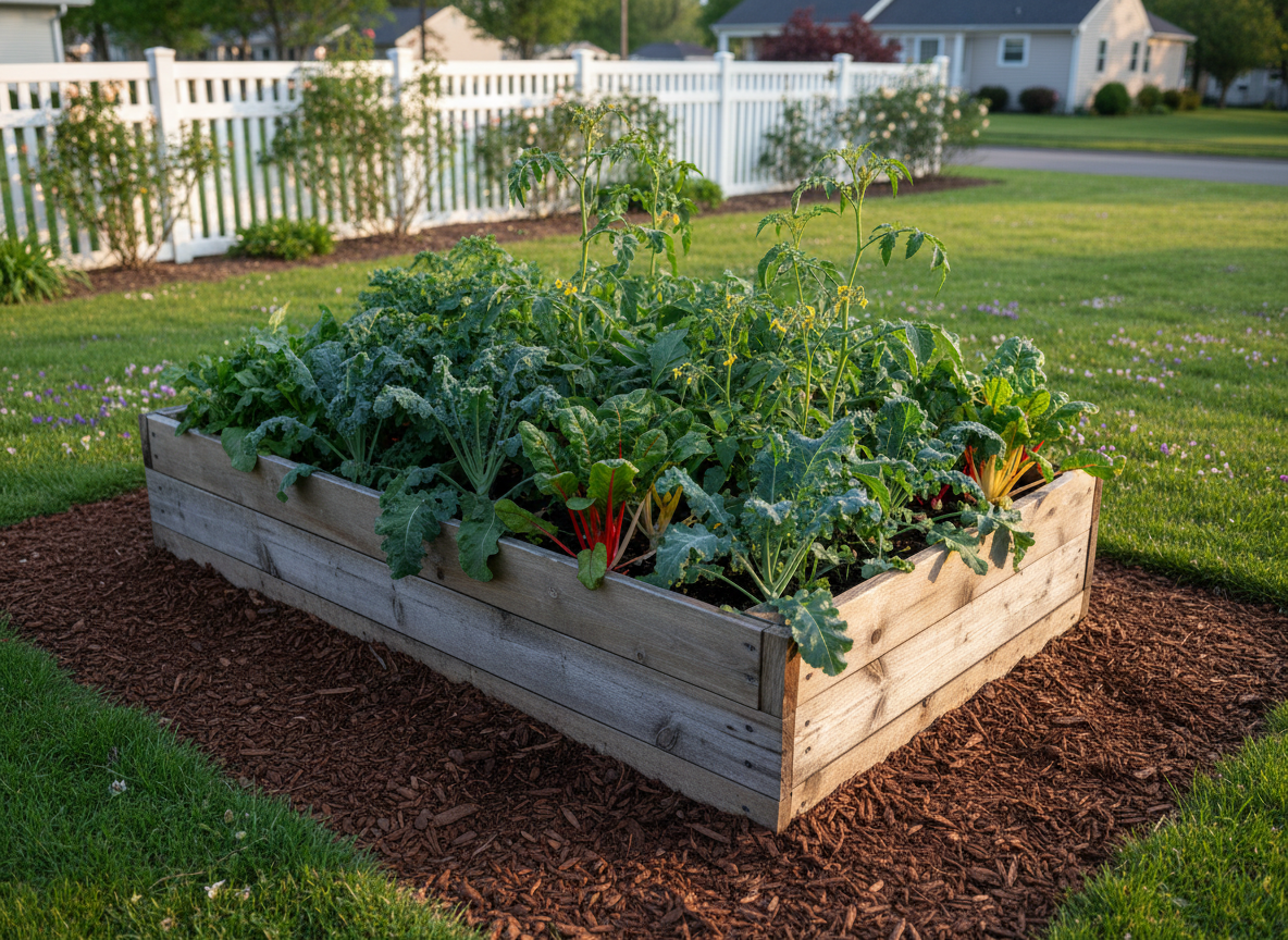 A raised wooden garden bed crafted from weathered cedar planks, brimming with lush green kale, vibrant rainbow chard, and young tomato plants with delicate yellow blossoms. The bed sits on a neatly mulched path surrounded by suburban backyard fencing and a manicured lawn dotted with spring wildflowers. Early morning sunlight bathes the scene in a soft golden glow, enhancing the dew on leaves and casting gentle, elongated shadows. Captured from a slightly elevated, three-quarter view, the composition uses the rule of thirds, with crisp focus in the foreground and a subtle, natural blur in the background. The mood is hopeful and nurturing, reflecting a fresh start to suburban homesteading, with a clean, organic, and photorealistic aesthetic.
